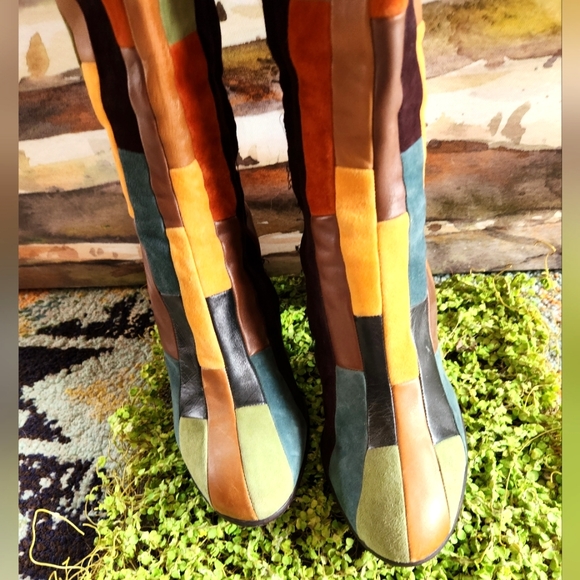 ANNA SUI RARE Patchwork  Leather Olive Brown Rust Teal Zip Heels Boots 40 - Picture 7 of 16